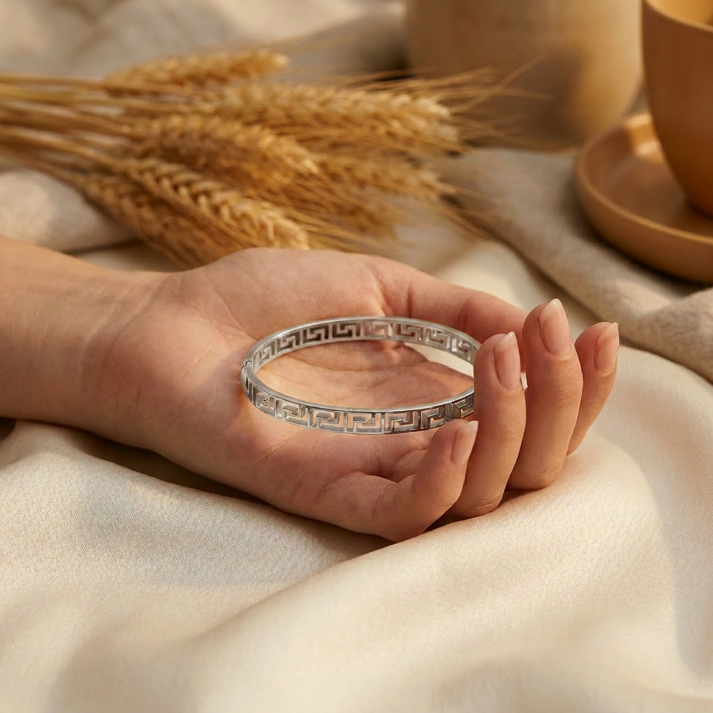 Delemon silver Athena Greek key cutout geometric openwork bangle bracelet in waterproof 316L stainless steel