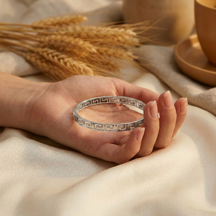 Delemon silver Athena Greek key cutout geometric openwork bangle bracelet in waterproof 316L stainless steel