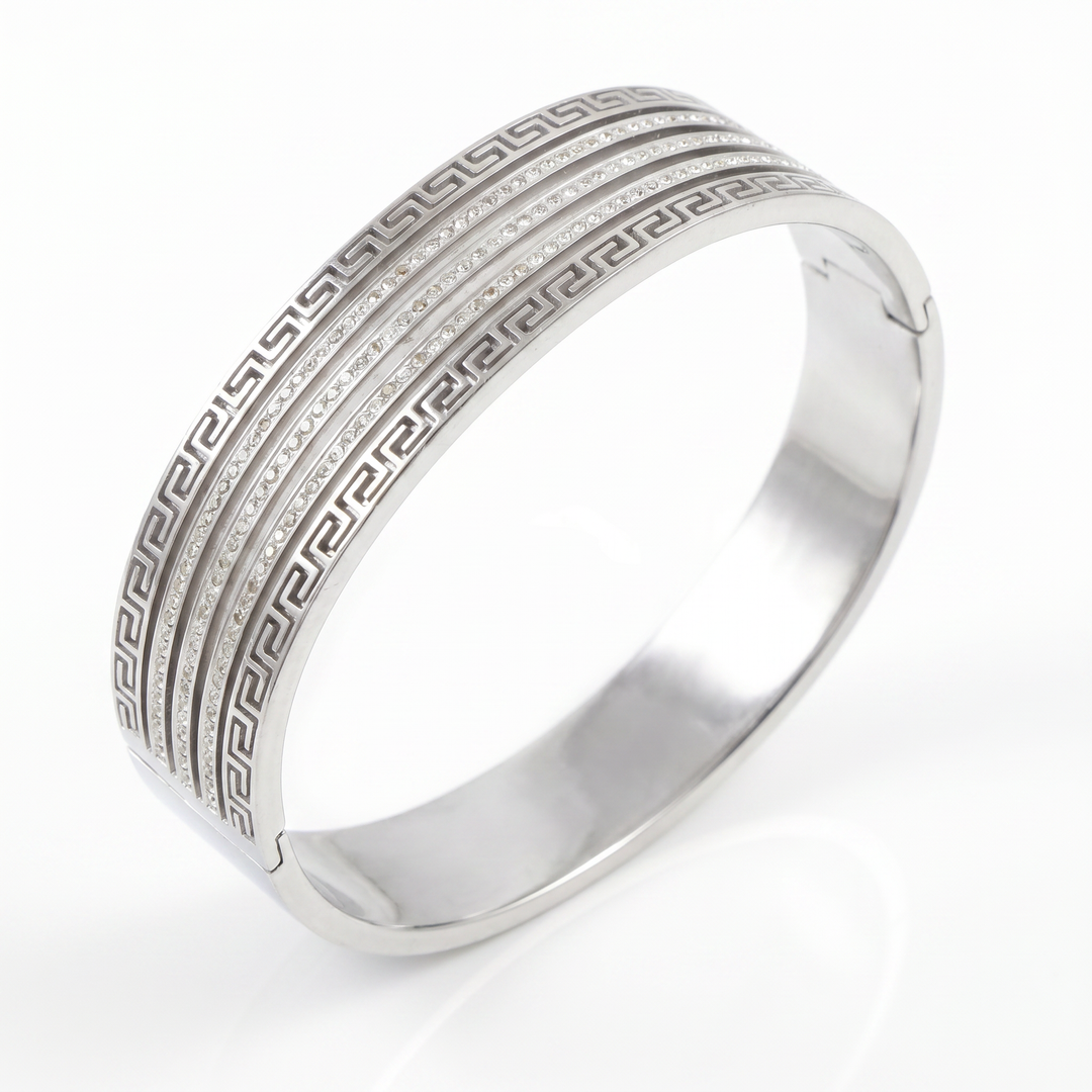 Delemon silver wide-profile Greek key statement cuff bangle bracelet with three rows of clear crystals in waterproof 316L stainless steel