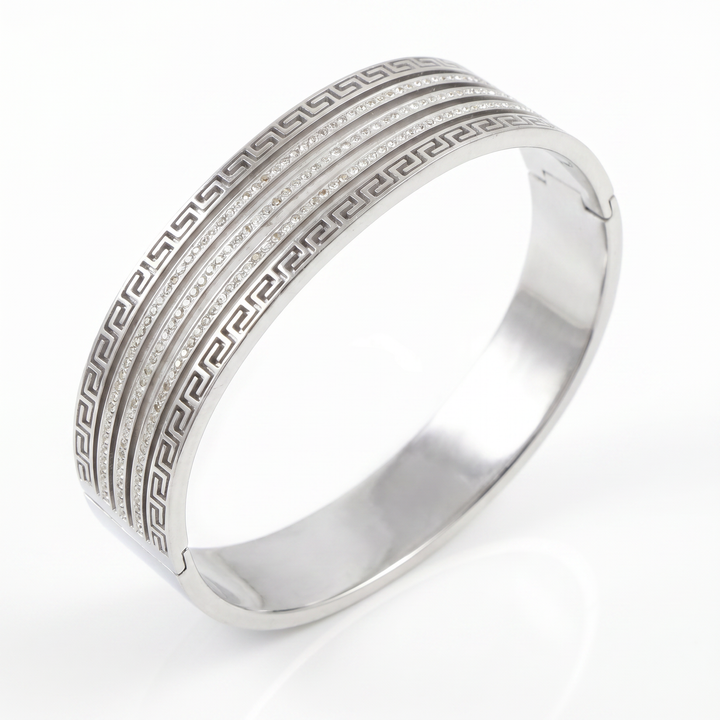 Delemon silver wide-profile Greek key statement cuff bangle bracelet with three rows of clear crystals in waterproof 316L stainless steel