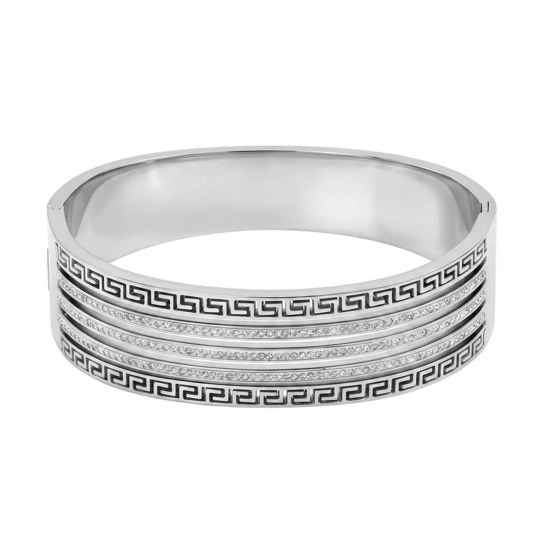 Delemon silver wide-profile Greek key statement cuff bangle bracelet with three rows of clear crystals in waterproof 316L stainless steel