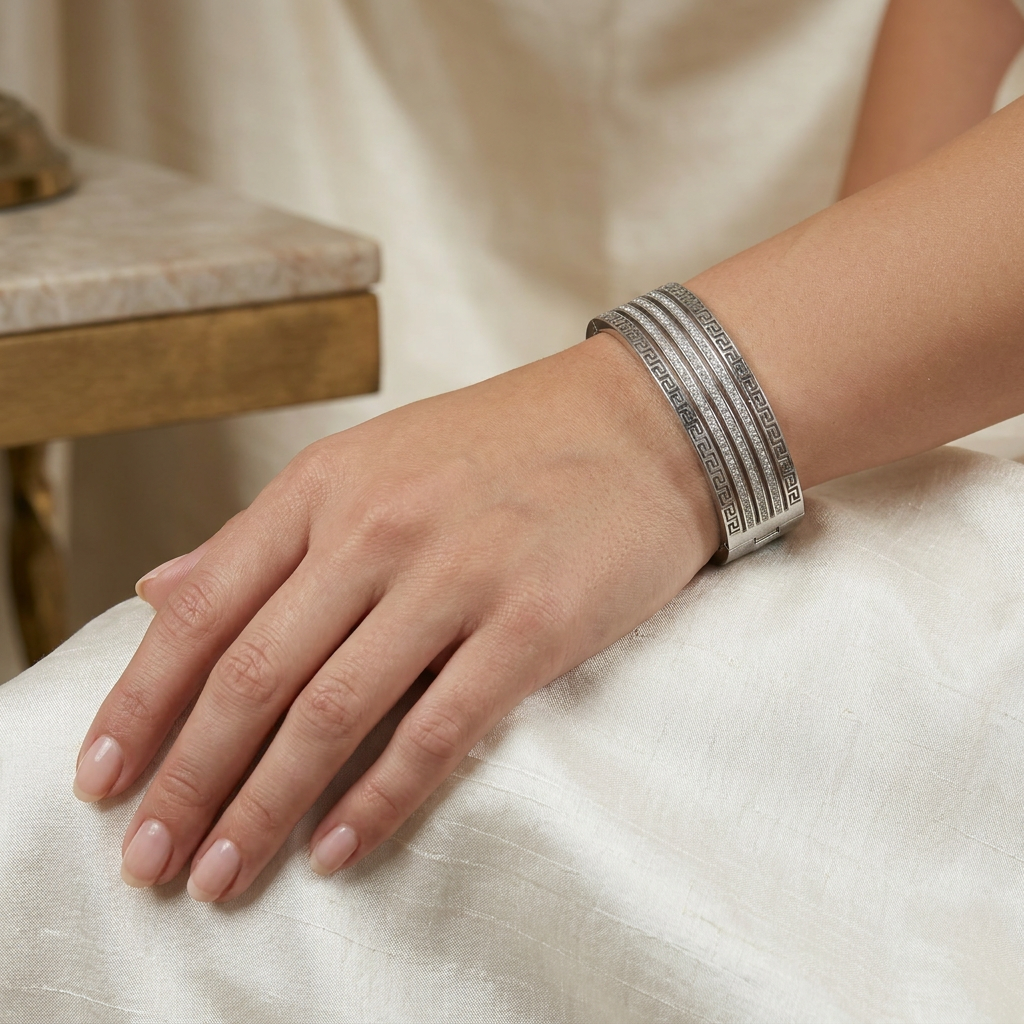 Delemon silver wide-profile Greek key statement cuff bangle bracelet with three rows of clear crystals in waterproof 316L stainless steel