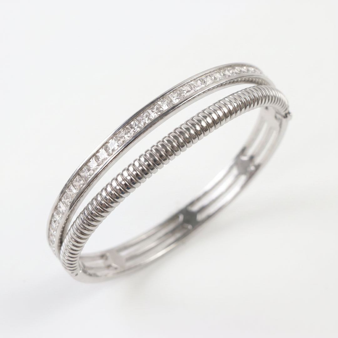 Delemon silver Milan double row layered bangle bracelet with channel-set crystals and a ribbed snake rope strand in waterproof 316L stainless steel