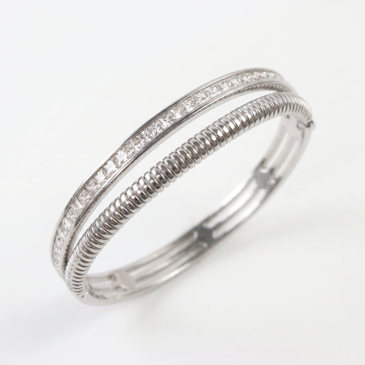 Delemon silver Milan double row layered bangle bracelet with channel-set crystals and a ribbed snake rope strand in waterproof 316L stainless steel