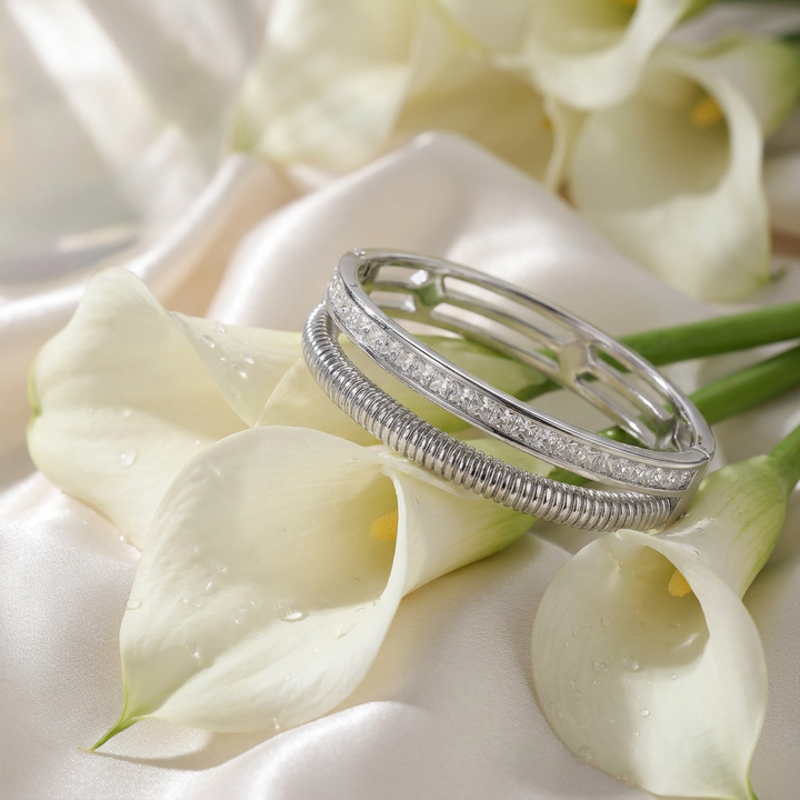 Delemon silver Milan double row layered bangle bracelet with channel-set crystals and a ribbed snake rope strand in waterproof 316L stainless steel