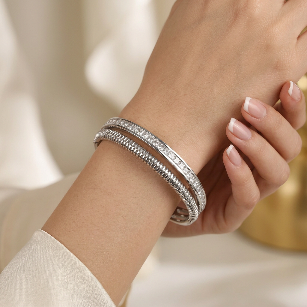 Delemon silver Milan double row layered bangle bracelet with channel-set crystals and a ribbed snake rope strand in waterproof 316L stainless steel