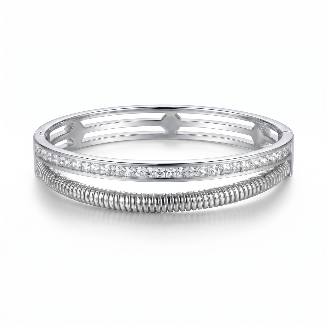 Delemon silver Milan double row layered bangle bracelet with channel-set crystals and a ribbed snake rope strand in waterproof 316L stainless steel