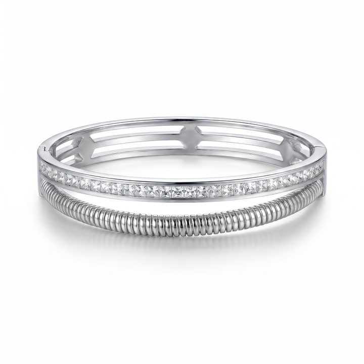 Delemon silver Milan double row layered bangle bracelet with channel-set crystals and a ribbed snake rope strand in waterproof 316L stainless steel