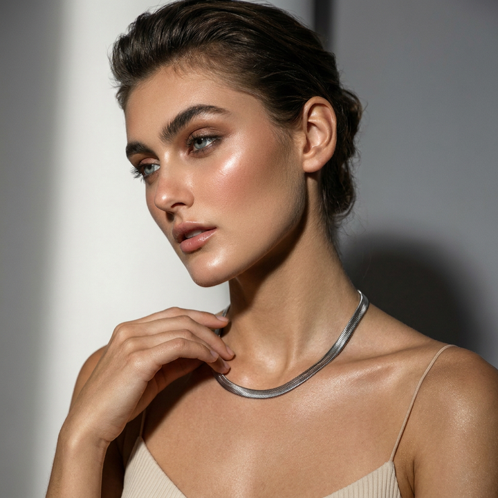 Delemon high-quality silver polished thick snake chain necklace featuring a smooth textured collar design