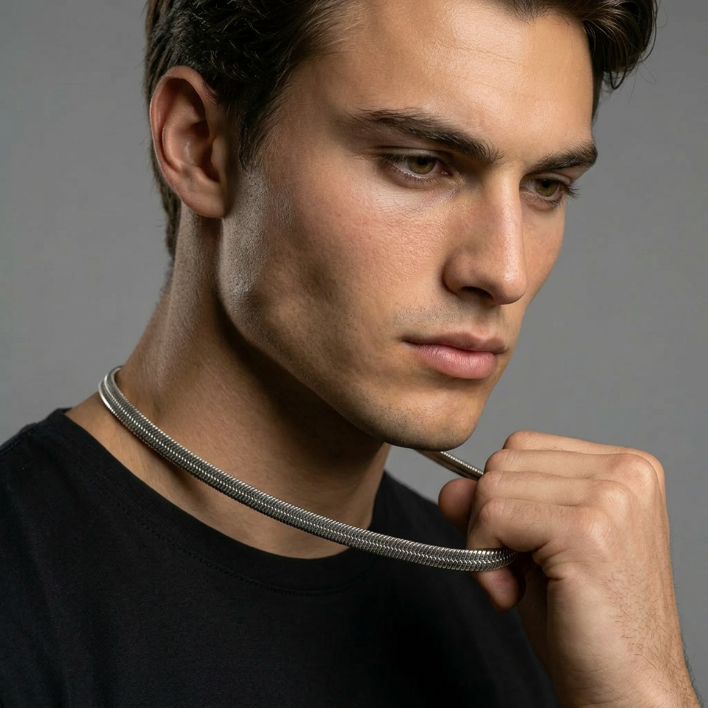 Delemon high-quality silver polished thick snake chain necklace featuring a smooth textured collar design