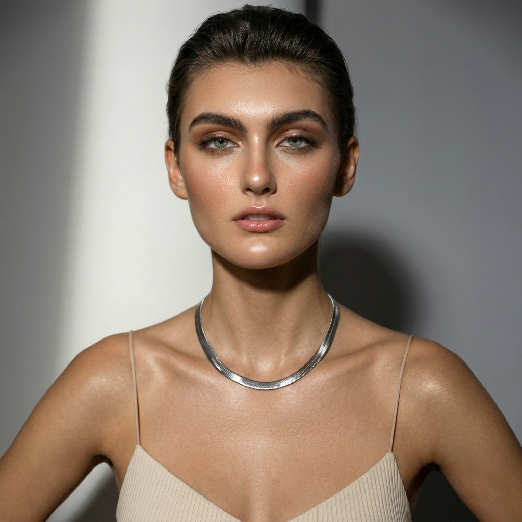 Delemon high-quality silver polished thick snake chain necklace featuring a smooth textured collar design