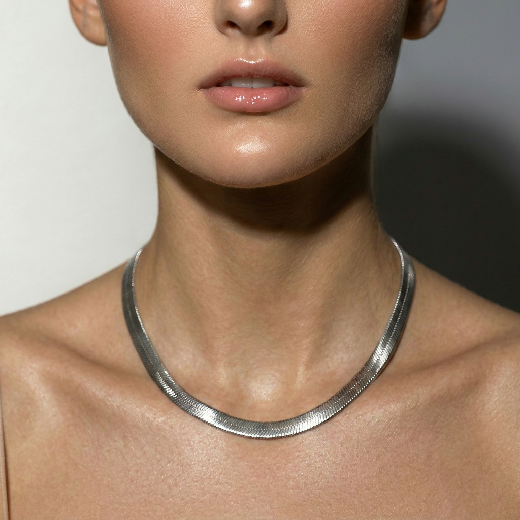 Delemon high-quality silver polished thick snake chain necklace featuring a smooth textured collar design