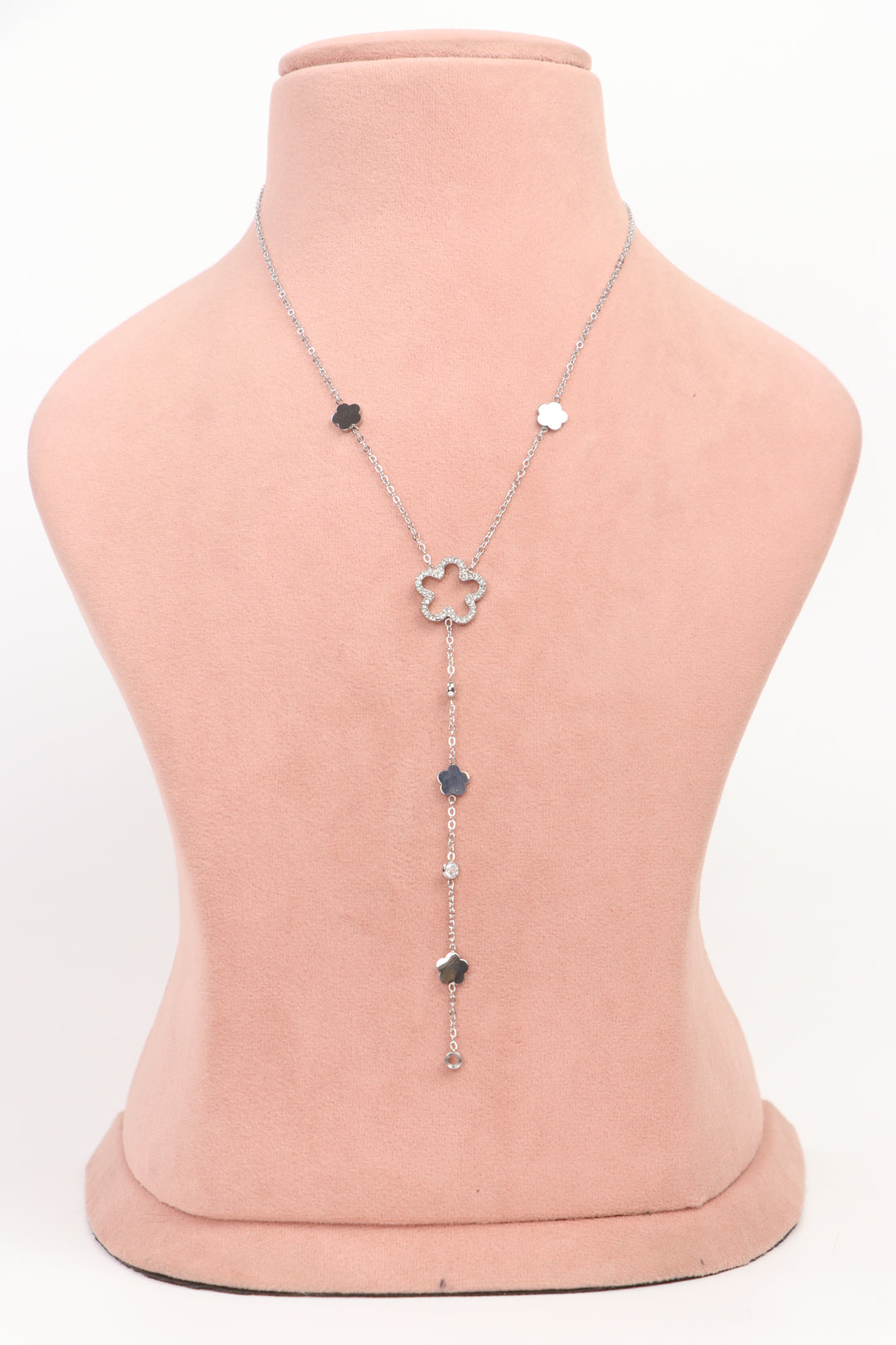 Delemon high-quality silver polished Y-shaped lariat chain necklace with an openwork crystal flower center and hanging floral charms front view.