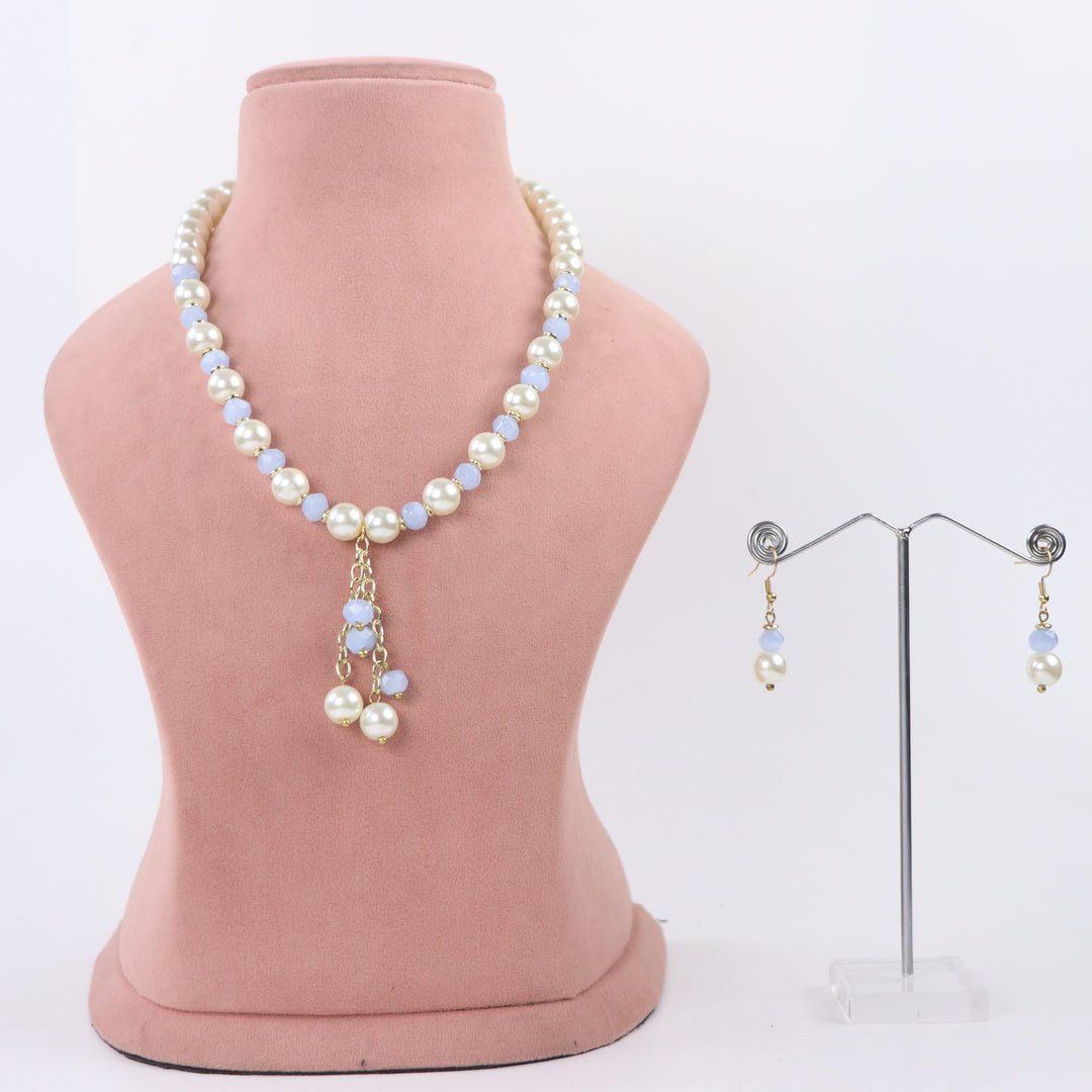 Delemon sky blue crystal and cream pearl Y-drop necklace with matching drop earrings