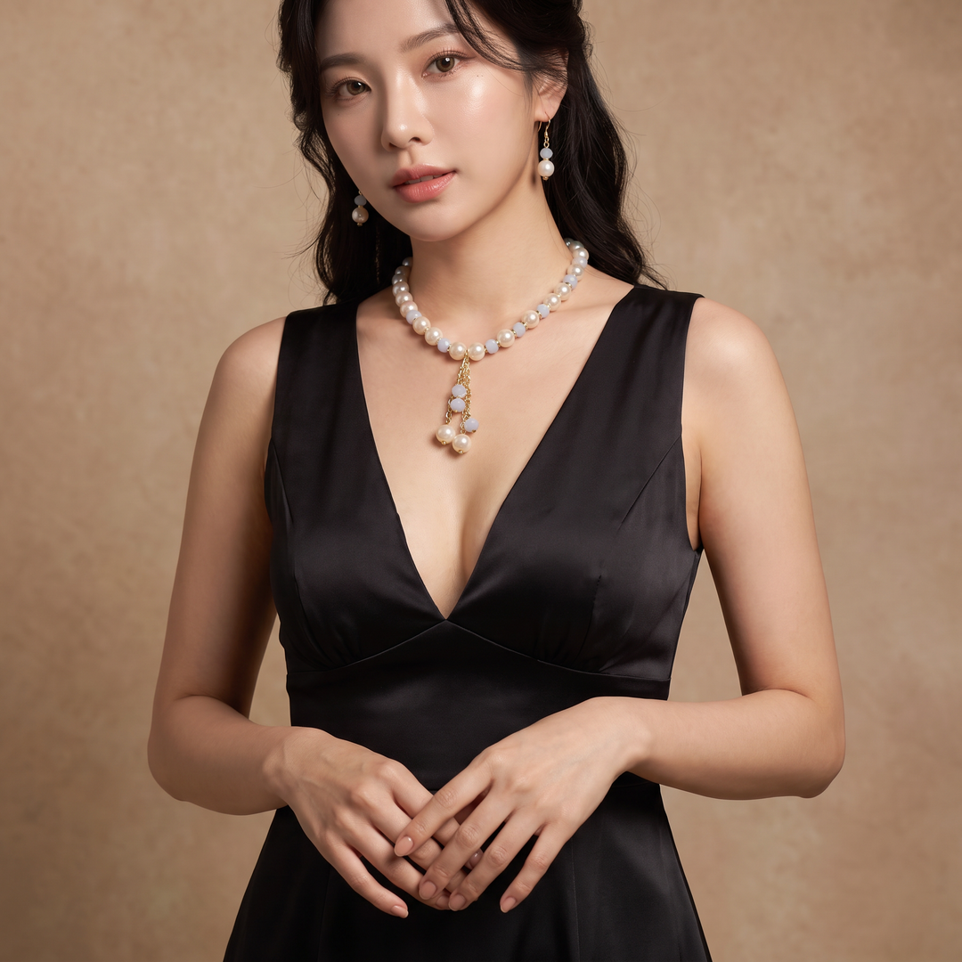 Delemon sky blue crystal and cream pearl Y-drop necklace with matching drop earrings