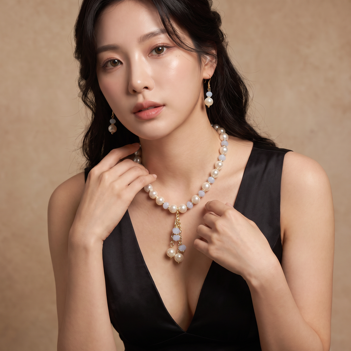 Delemon sky blue crystal and cream pearl Y-drop necklace with matching drop earrings
