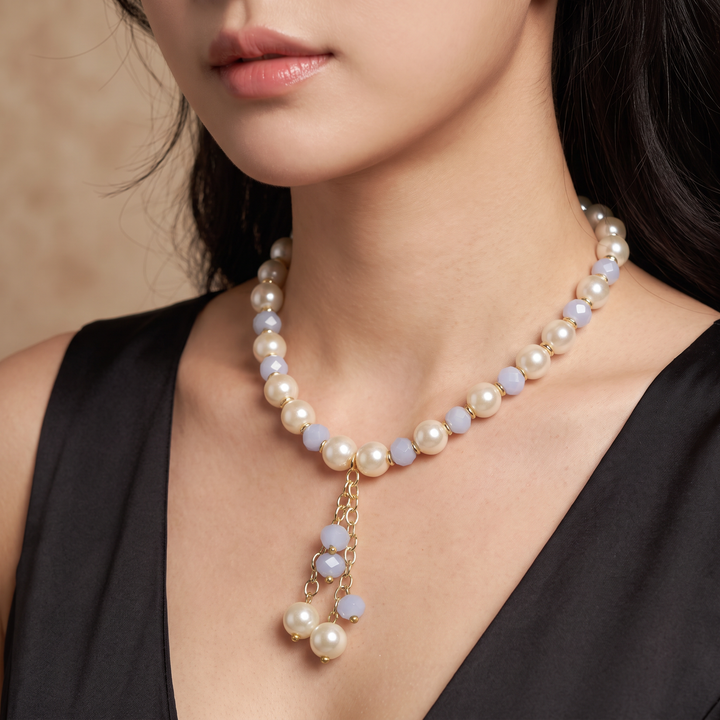 Delemon sky blue crystal and cream pearl Y-drop necklace with matching drop earrings