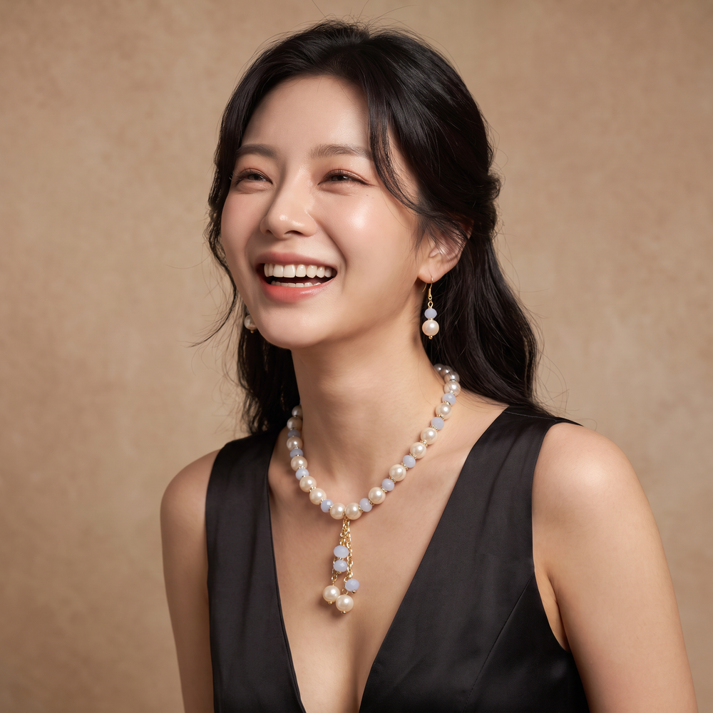 Delemon sky blue crystal and cream pearl Y-drop necklace with matching drop earrings