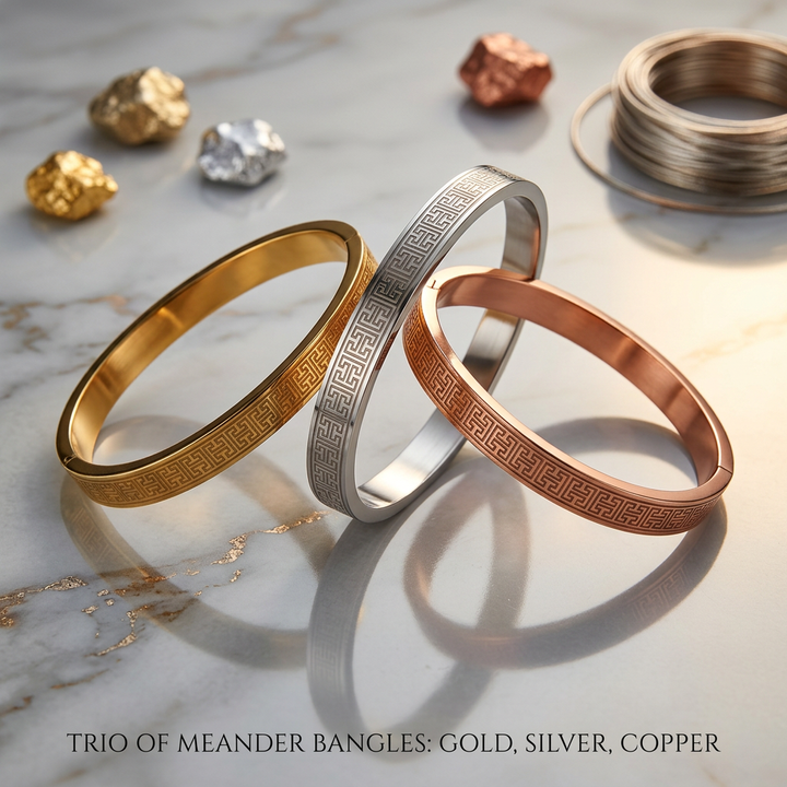 Delemon three-piece rigid bangle stack featuring yellow gold, rose gold, and silver Greek key engraved geometric bracelets in waterproof 316L stainless steel
