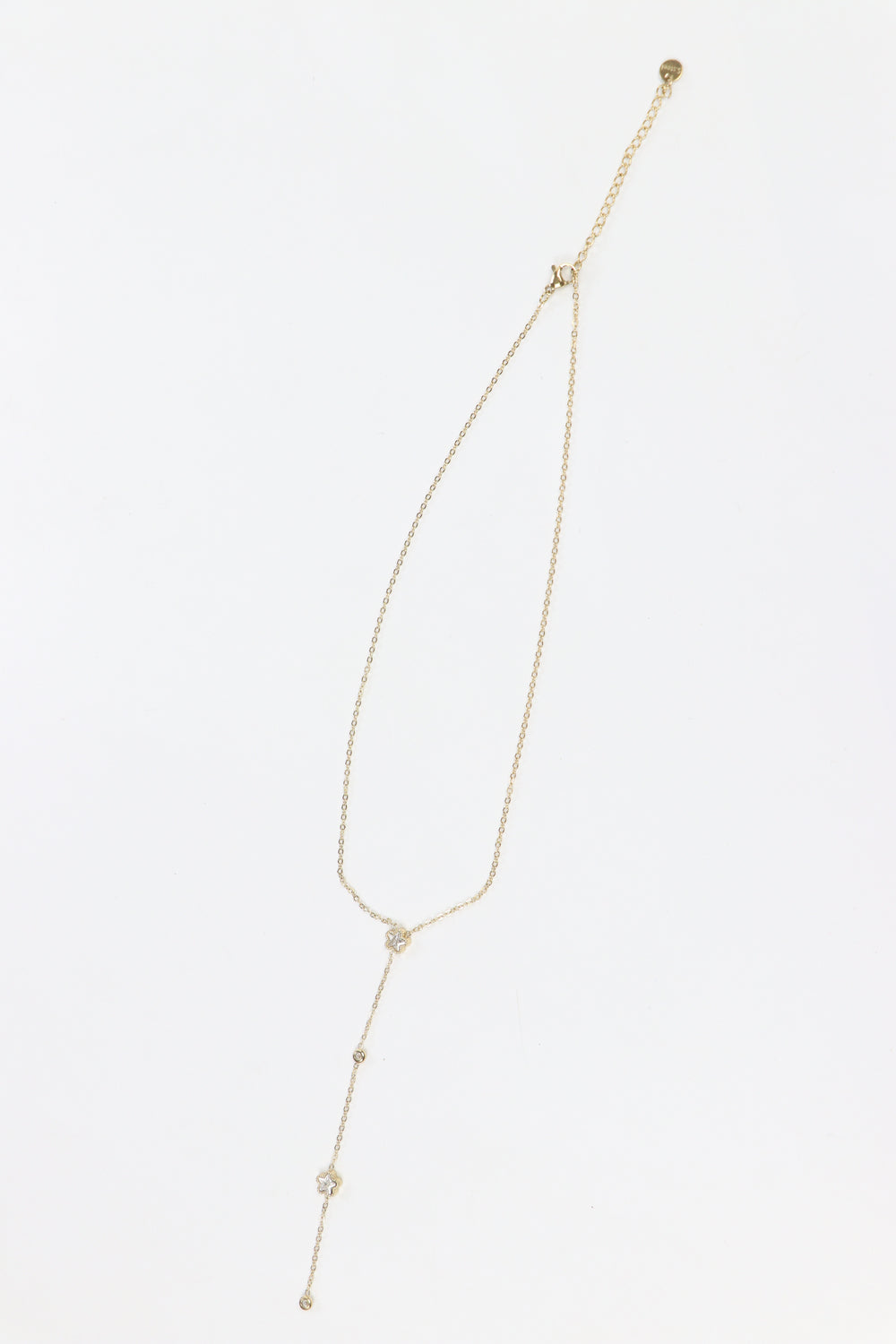 Delemon high-quality gold plated Y-necklace featuring delicate chains and minimalist bezel-set clear crystal charms.