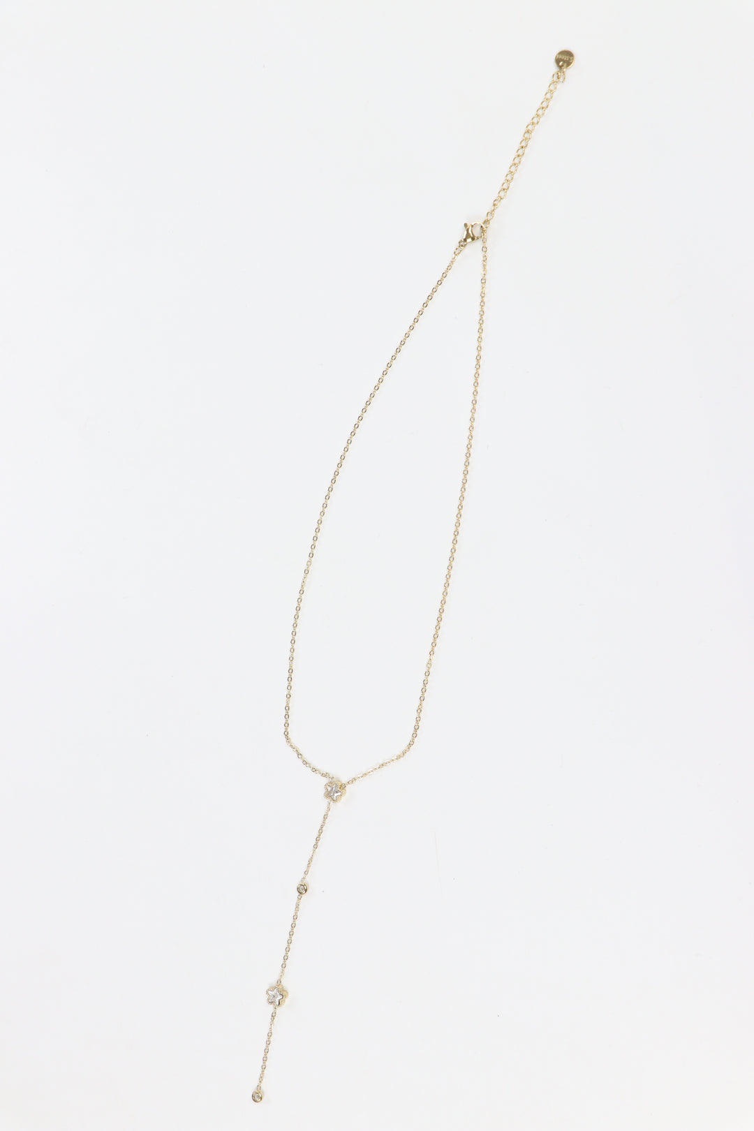 Delemon high-quality gold plated Y-necklace featuring delicate chains and minimalist bezel-set clear crystal charms.