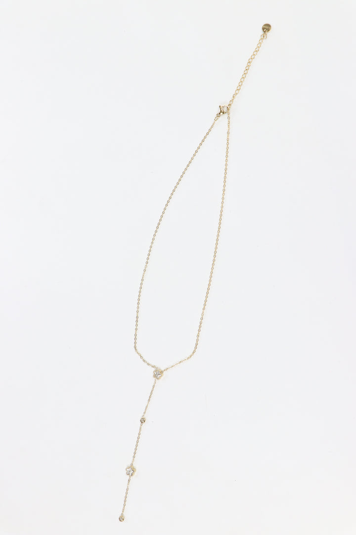 Delemon high-quality gold plated Y-necklace featuring delicate chains and minimalist bezel-set clear crystal charms.