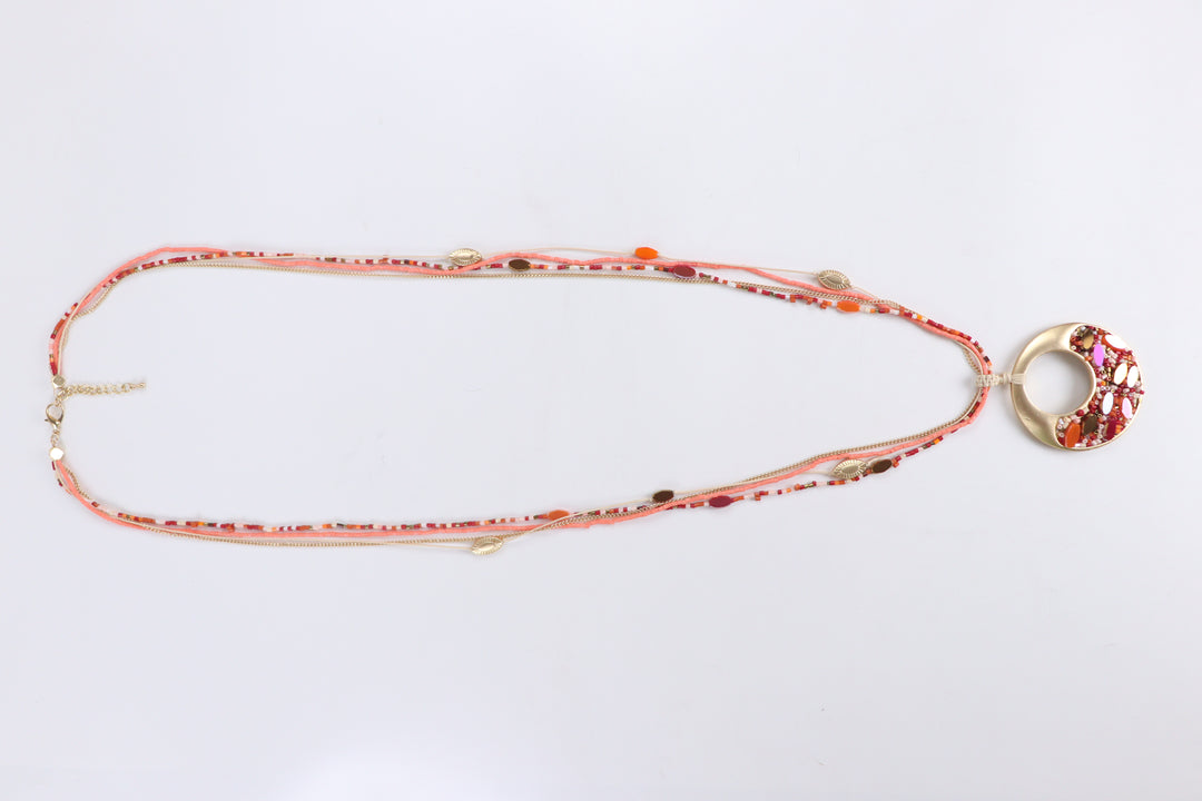 Delemon sunset coral multi-strand beaded long necklace with gold mosaic circular