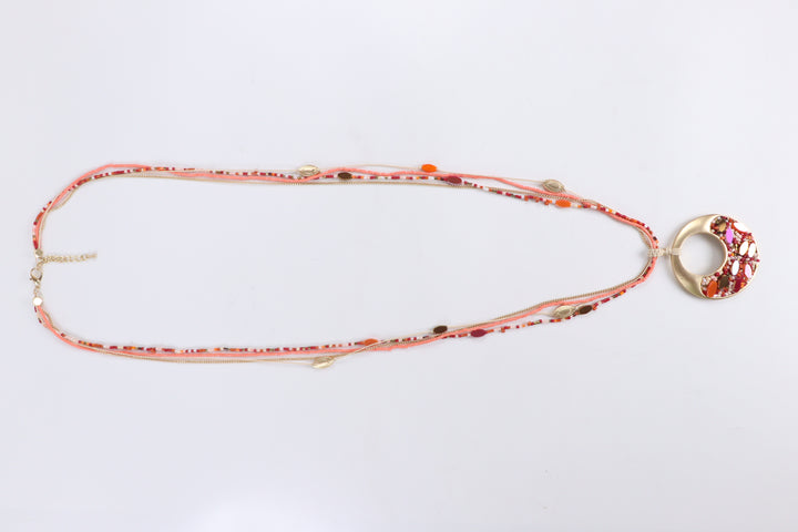 Delemon sunset coral multi-strand beaded long necklace with gold mosaic circular