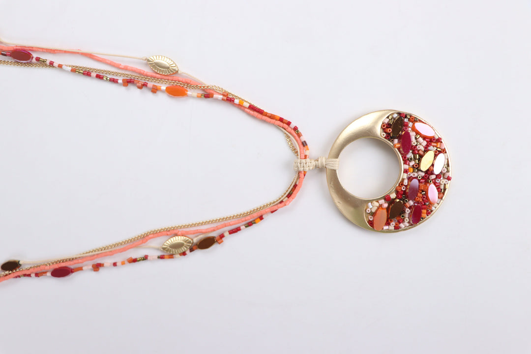 Delemon sunset coral multi-strand beaded long necklace with gold mosaic circular