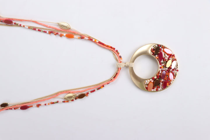 Delemon sunset coral multi-strand beaded long necklace with gold mosaic circular