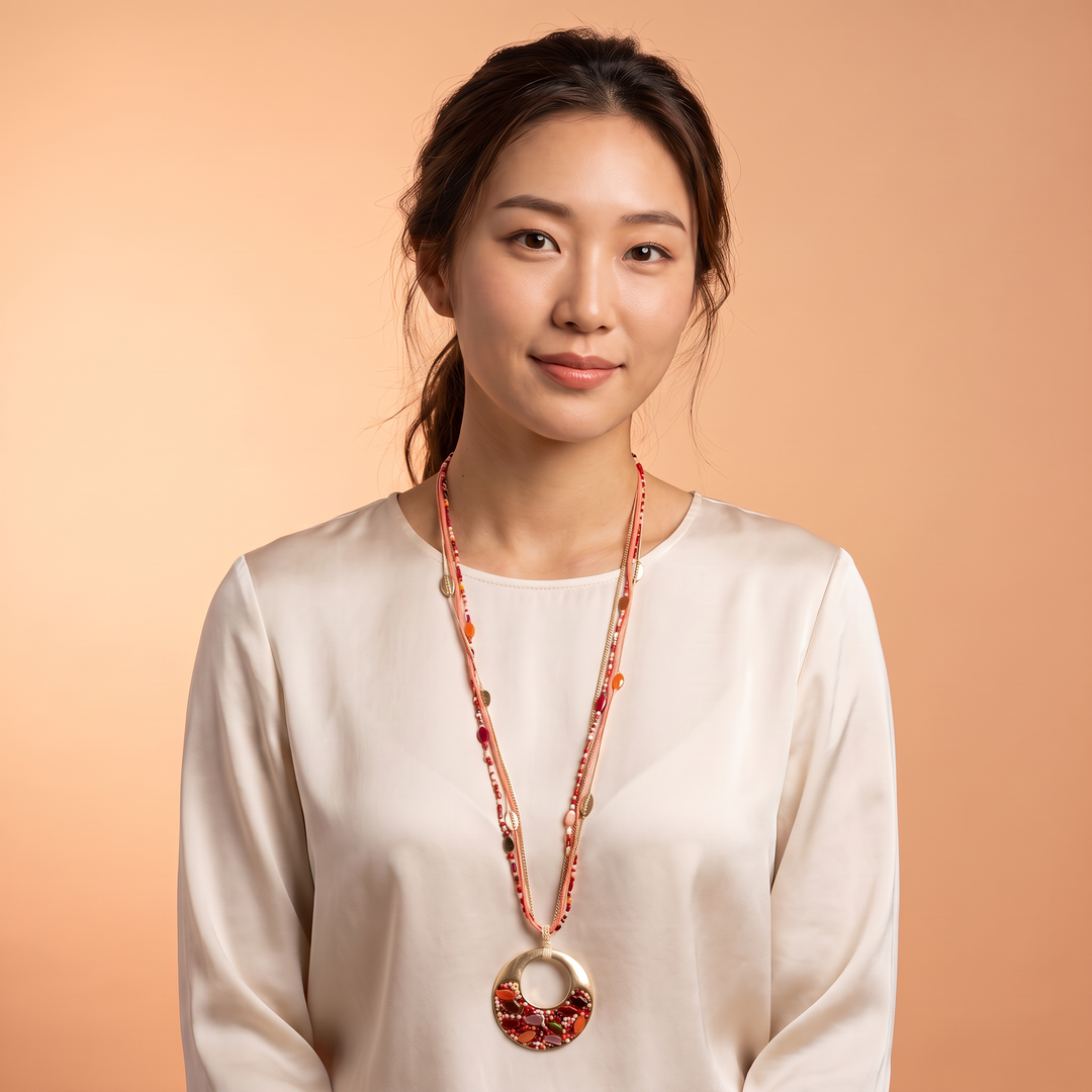 Delemon sunset coral multi-strand beaded long necklace with gold mosaic circular