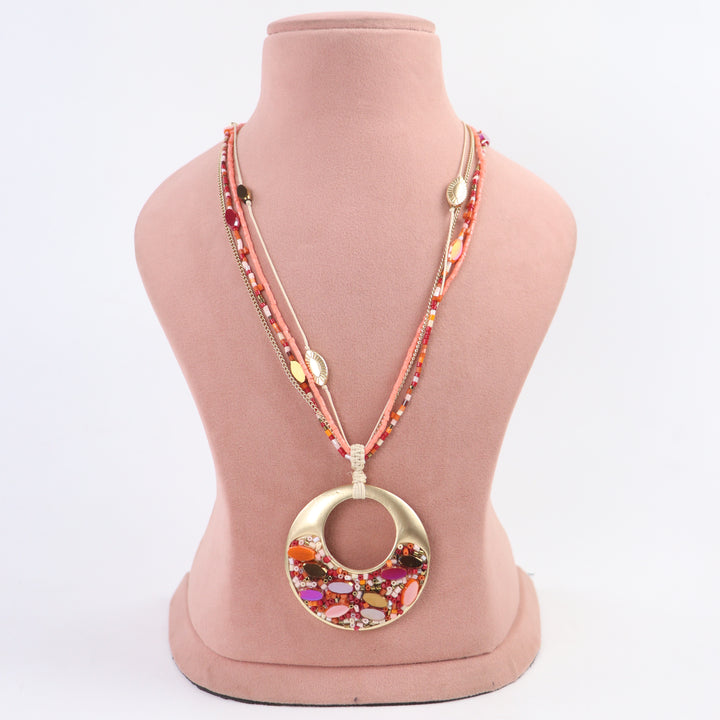 Delemon sunset coral multi-strand beaded long necklace with gold mosaic circular