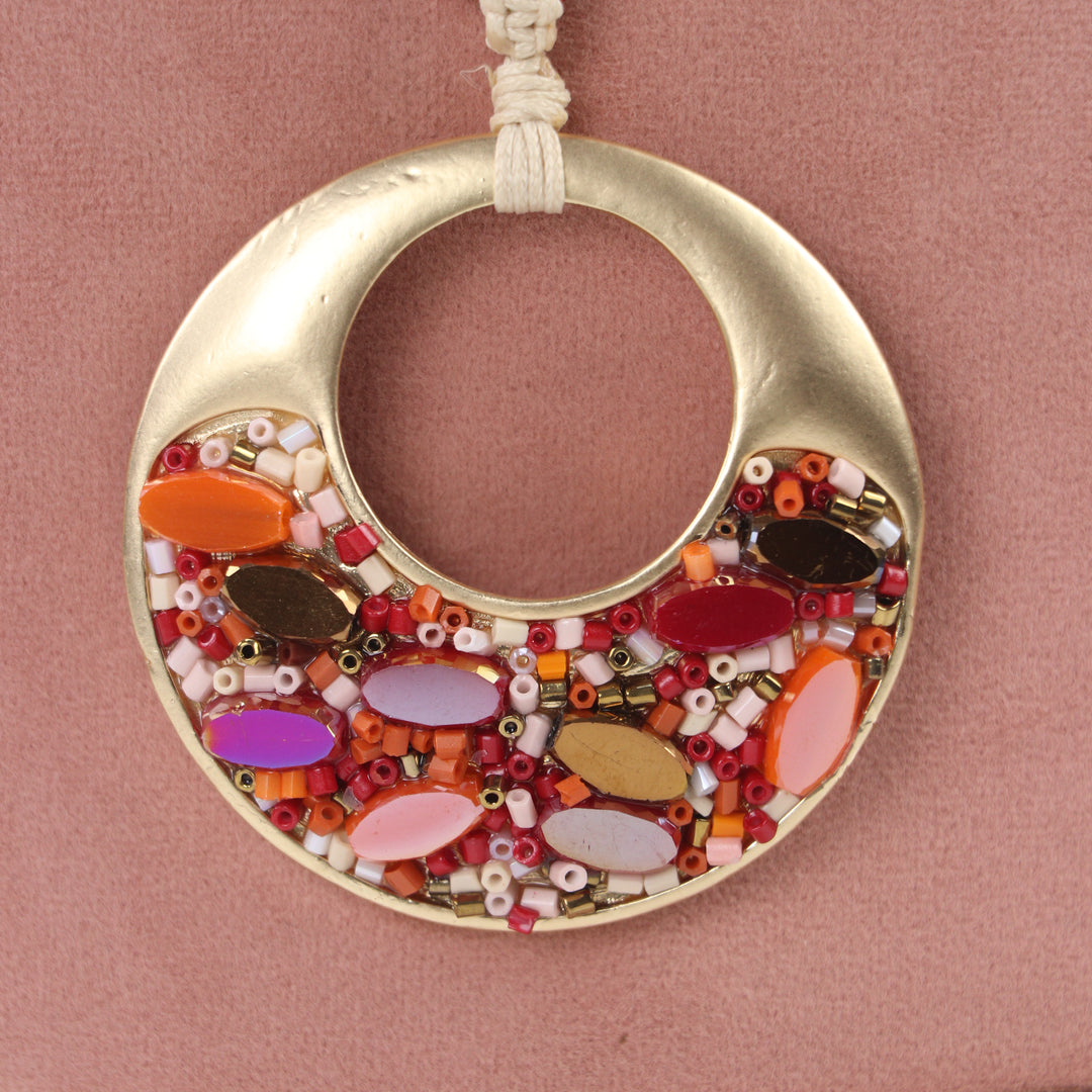 Delemon sunset coral multi-strand beaded long necklace with gold mosaic circular