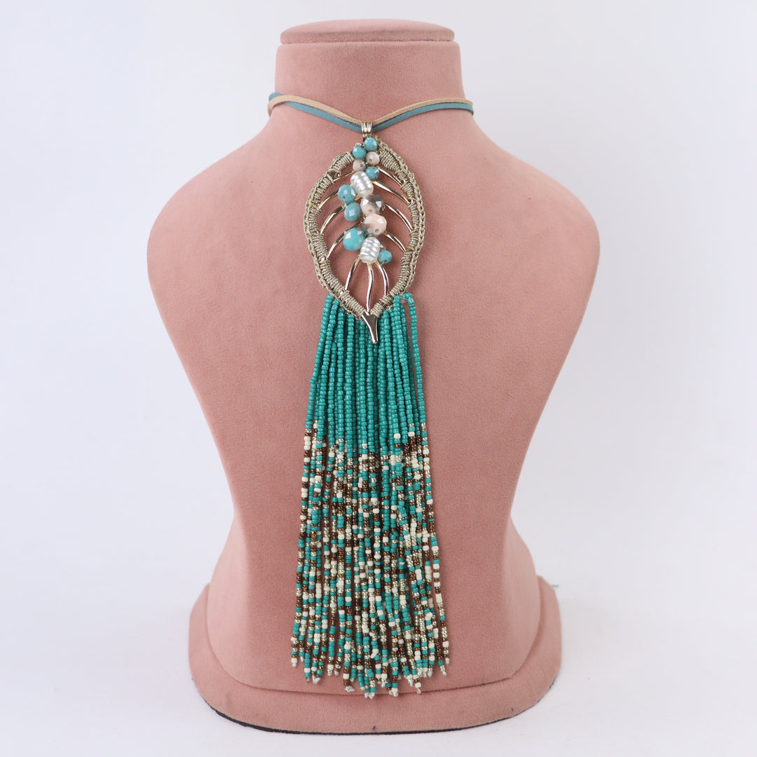 Delemon turquoise wire-wrapped leaf pendant necklace with beaded tassel fringe