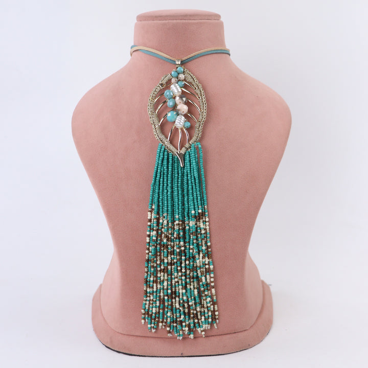 Delemon turquoise wire-wrapped leaf pendant necklace with beaded tassel fringe
