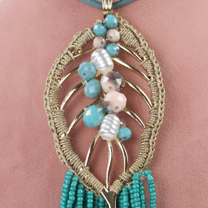 Delemon turquoise wire-wrapped leaf pendant necklace with beaded tassel fringe