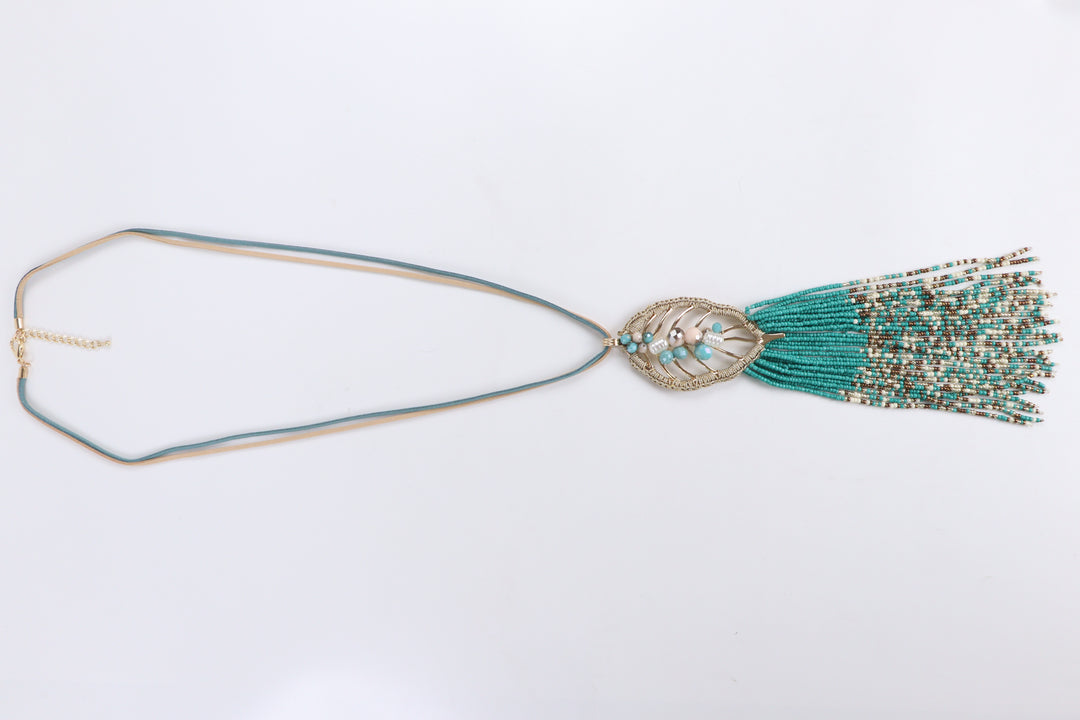 Delemon turquoise wire-wrapped leaf pendant necklace with beaded tassel fringe