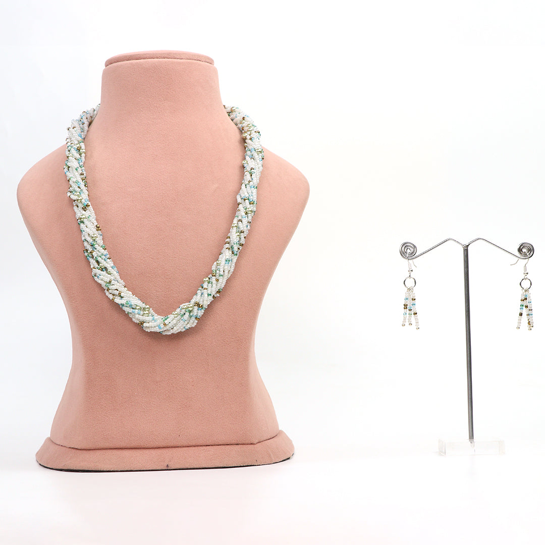 Delemon twisted multi-strand white bead necklace with matching earrings set.