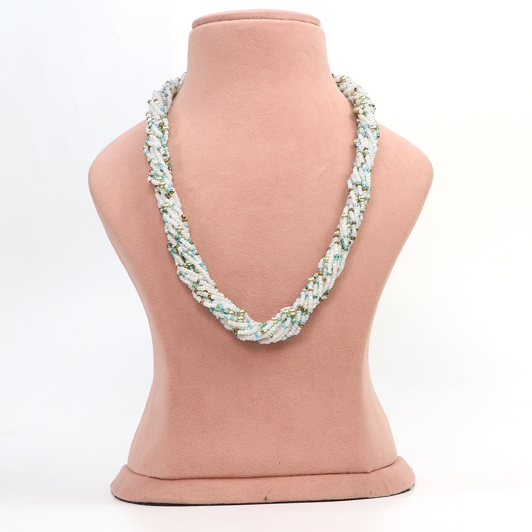 Delemon twisted multi-strand white bead necklace front view.