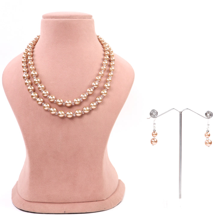 Delemon elegant double-layer golden champagne faux pearl bead necklace with matching drop earrings display set.