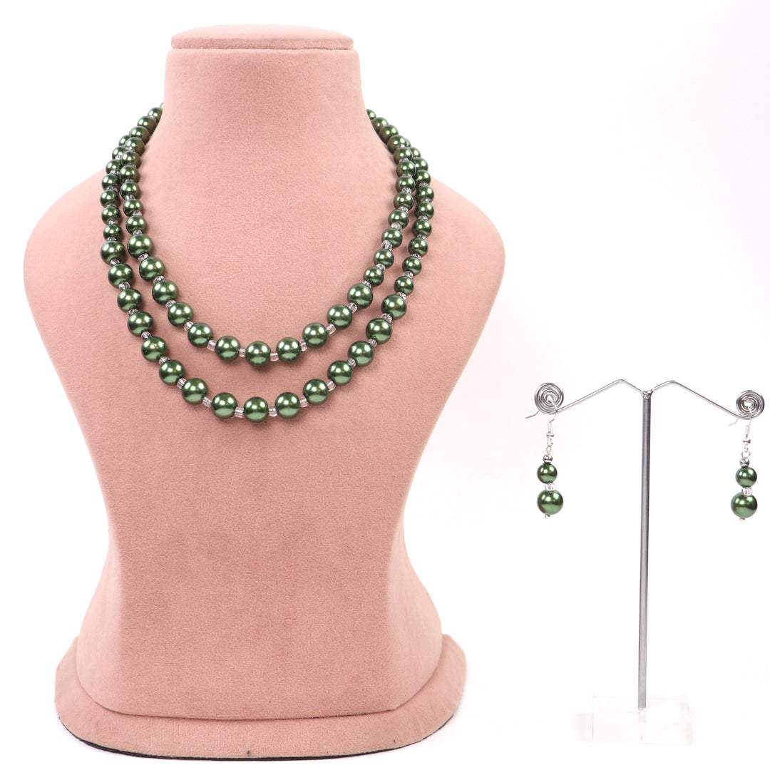 Delemon elegant double-layer green faux pearl bead necklace with matching drop earrings display set.
