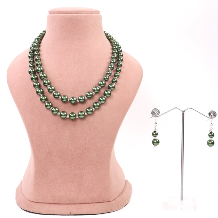 Delemon elegant double-layer green faux pearl bead necklace with matching drop earrings display set.