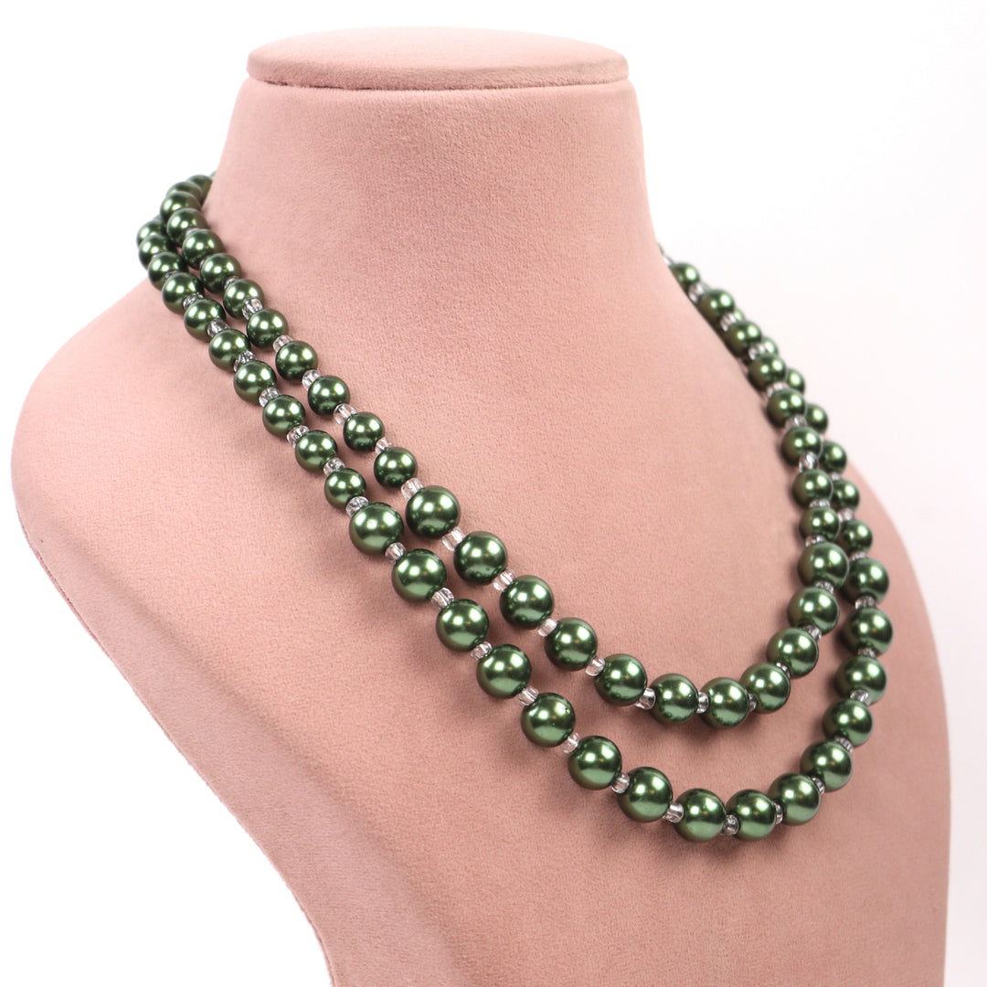 Delemon elegant double-layer green faux pearl bead necklace with matching drop earrings.