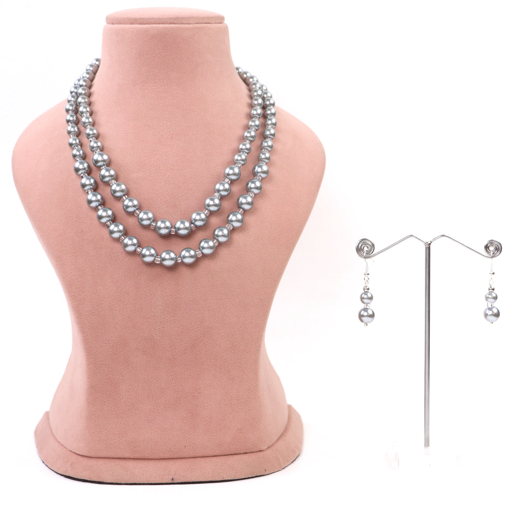 Delemon elegant double-layer grey faux pearl bead necklace with matching drop earrings display set.