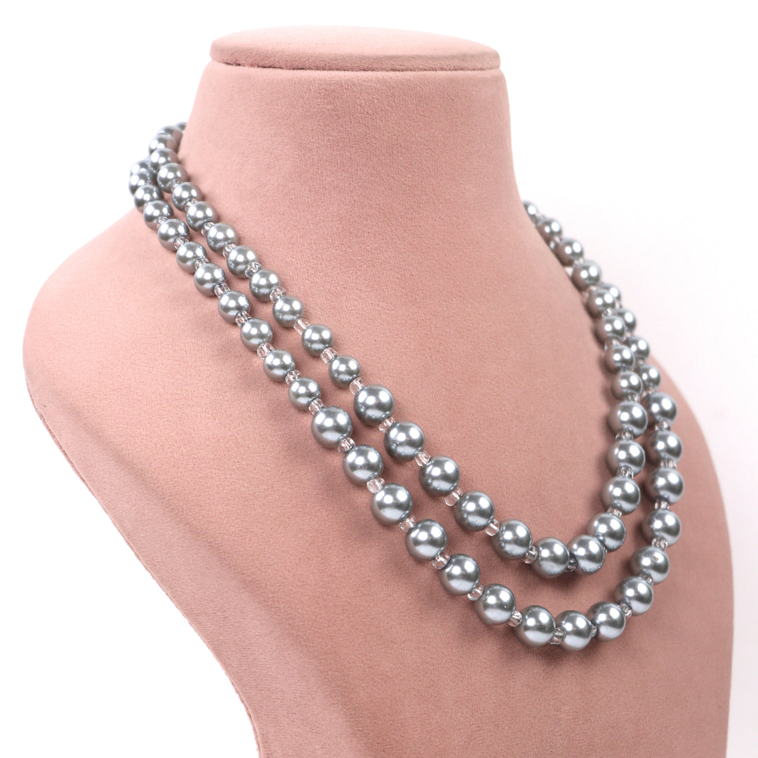 Delemon elegant double-layer grey faux pearl bead necklace displayed at a side angle view.