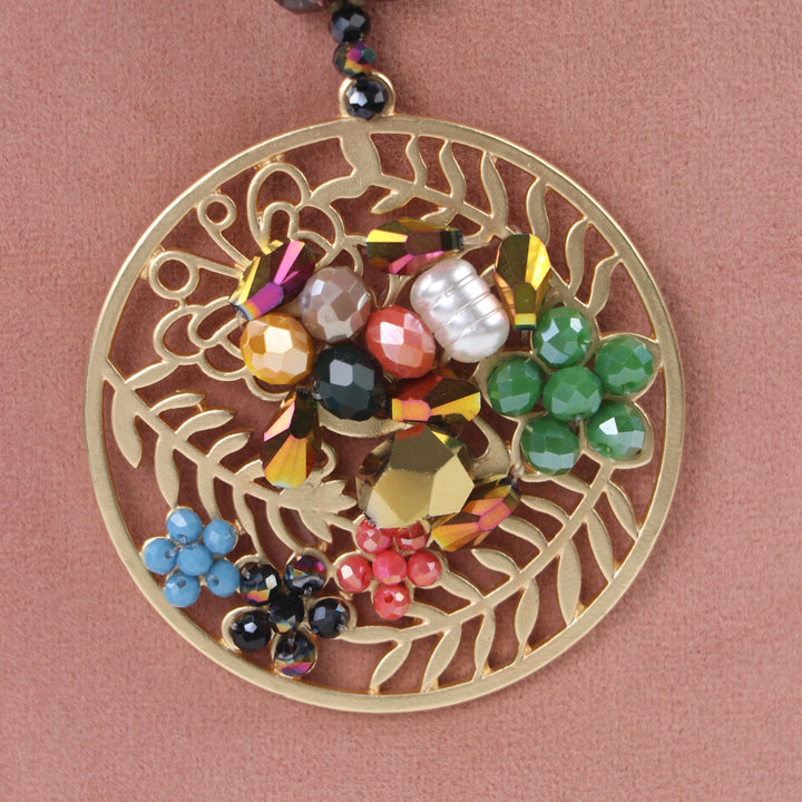 Delemon multicolor crystal beaded necklace with gold openwork leaf circular medallion pendant