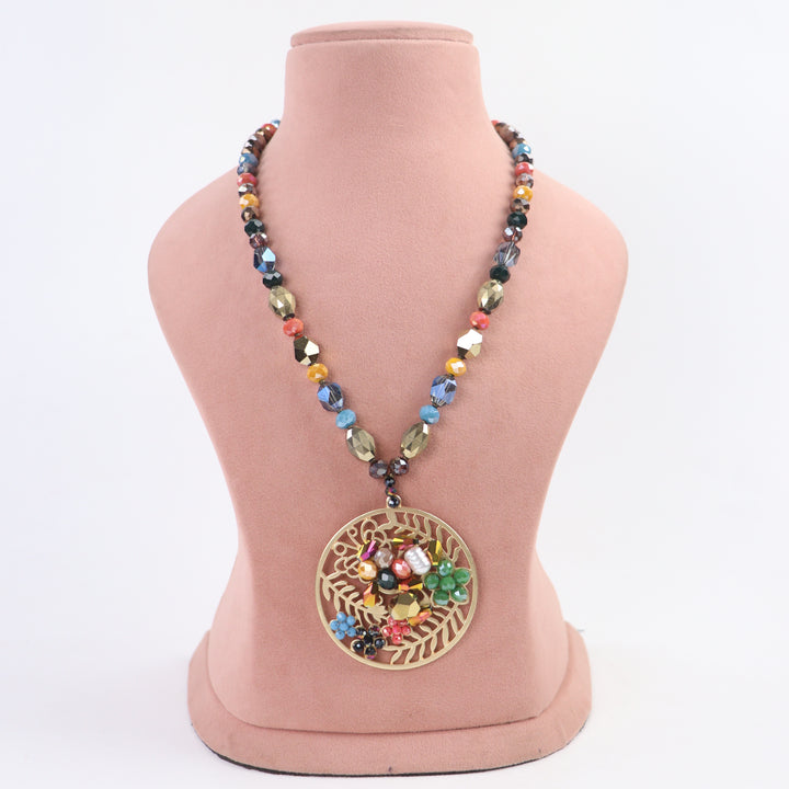 Delemon multicolor crystal beaded necklace with gold openwork leaf circular medallion pendant