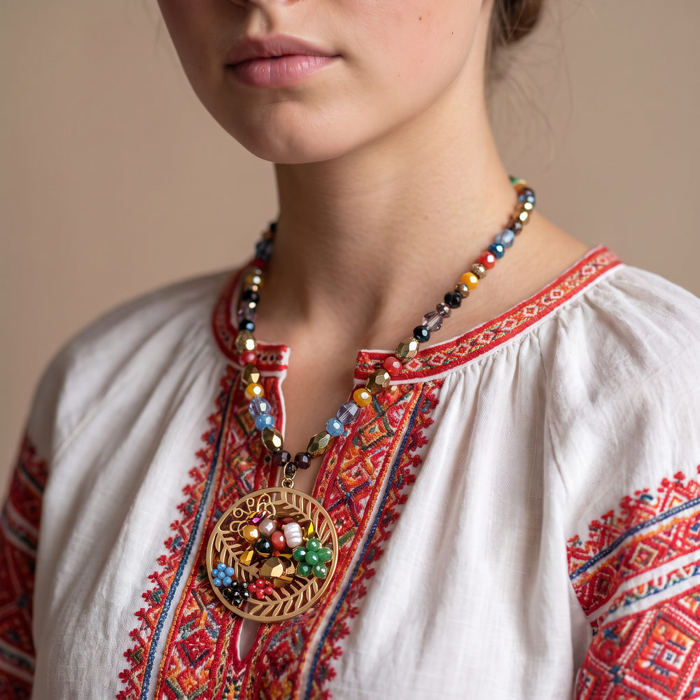 Delemon multicolor crystal beaded necklace with gold openwork leaf circular medallion pendant