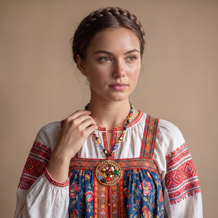 Delemon multicolor crystal beaded necklace with gold openwork leaf circular medallion pendant