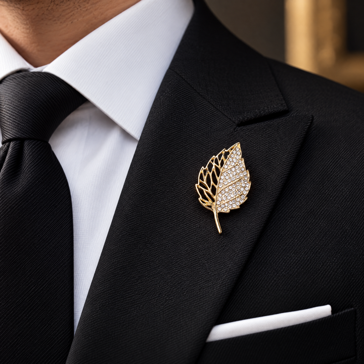 Gold-tone leaf brooch pin with half pave crystal rhinestones and half hollow filigree design